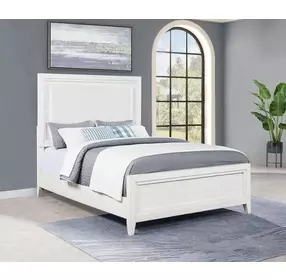 Marielle Distressed White Queen Upholstered Panel Bed