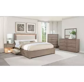 Kenora Barley Brown and Beige California King Upholstered Storage Panel Bed with LED