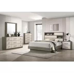 Fenwick Gray Oak and Almond California King Storage Platform Bed with Bookcase