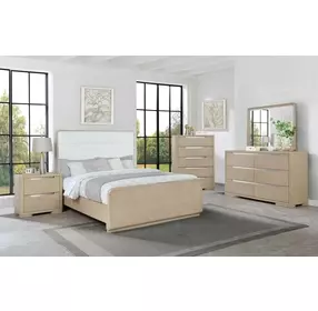 Ladera Light Elm and Cream California King Upholstered Panel Bed