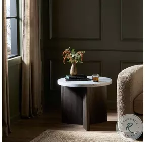 Toli Italian White Marble and Smoked Black Veneer Round End Table