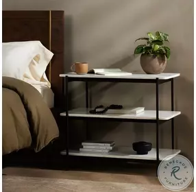 Jasper Polished White Marble And Iron Matte Black Nightstand