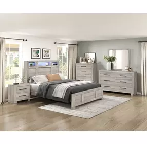 Everett Melamine Gray Queen Storage Panel Bed with USB Charging and LED