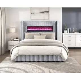 Fitzroy Gray California King Upholstered Low Profile Bed with Electric Fireplace