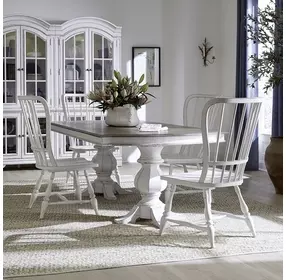 Magnolia Manor Antique White and Weathered Bark 5 Piece Extendable Double Pedestal Base Dining Set
