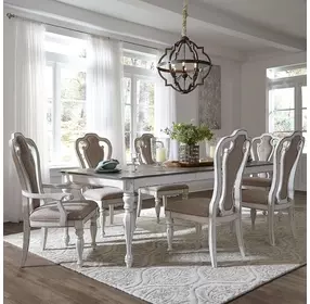 Magnolia Manor Antique White and Weathered Bark Upholstered 7 Piece Extendable Leg Dining Set