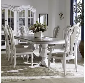 Magnolia Manor Antique White and Weathered Bark Upholstered 7 Piece Extendable Double Pedestal Base Dining Set