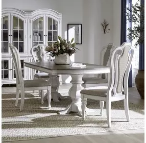 Magnolia Manor Antique White and Weathered Bark Upholstered 5 Piece Extendable Double Pedestal Base Dining Set