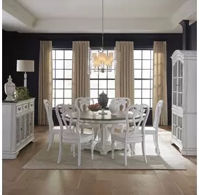 Southern Manor Antique White and Weathered Bark 7 Piece Round Pedestal Base Dining Set