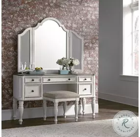 Magnolia Manor Antique White And Weathered Bark Vanity With Mirror and Stool