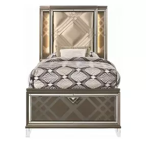 Skylar Beige and Dark Champagne Upholstered Storage Youth Panel Bedroom Set with LED