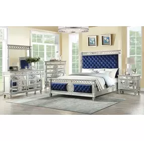 Varian Blue and Silver Queen Upholstered Panel Bed with Nailhead Trim