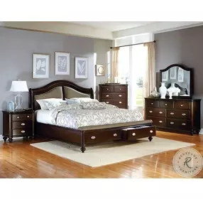 Marston Dark Cherry And Beige King Upholstered Storage Platform Sleigh Bed