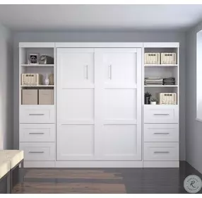 Pur White 109" Full Murphy Bed and 2 Shelving Units with Drawers