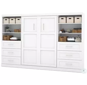Pur White 131" Full Murphy Bed and 2 Shelving Units with Drawers