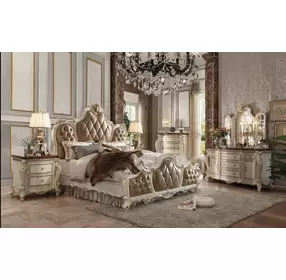 Picardy Butterscotch and Antique Pearl Queen Upholstered Panel Bed with Nailhead Trim