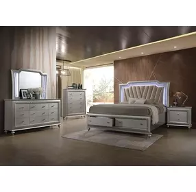 Kaitlyn Gray and Champagne Queen Upholstered Storage Panel Bed with LED