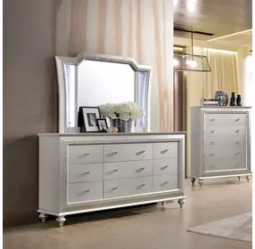 Kaitlyn Champagne Rectangular Dresser Mirror with LED and Nailhead Trim