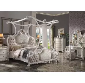 Picardy Beige and Antique Pearl King Upholstered Poster Bed with Nailhead Trim
