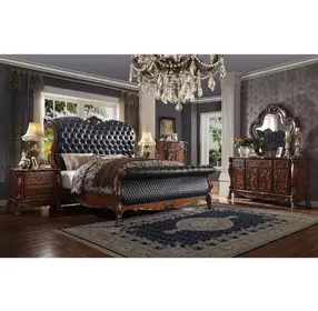 Dresden Black and Cherry Oak Queen Upholstered Sleigh Bed with Nailhead Trim