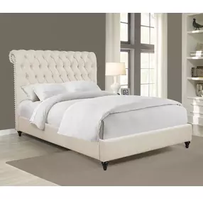 Devon Beige California King Upholstered Panel Bed with Nailhead Trim