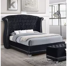 Barzini Black California King Upholstered Panel Bed with Nailhead Trim