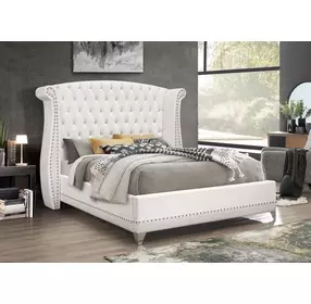 Barzini White California King Upholstered Panel Bed with Nailhead Trim