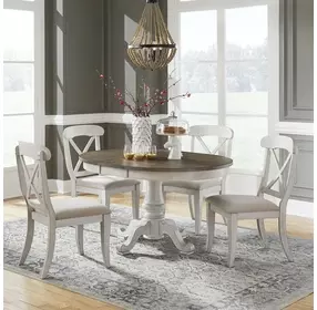Ocean Isle Antique White and Weathered Pine Upholstered 5 Piece Extendable Pedestal Base Dining Set