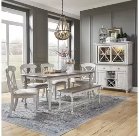 Ocean Isle Antique White and Weathered Pine Upholstered 6 Piece Extendable Rectangular Dining Set