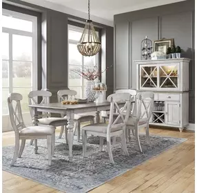 Ocean Isle Antique White and Weathered Pine Upholstered 7 Piece Extendable Rectangular Dining Set