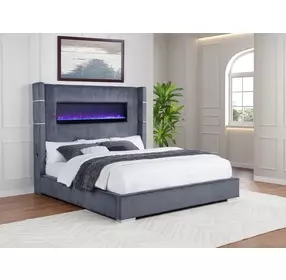 Tisdall Gray California King Upholstered Panel Bed with Flame Visualizer