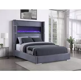 Tisdall Gray Queen Upholstered Fireplace Panel Bed