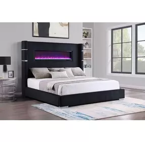 Tisdall Black California King Upholstered Panel Bed with Flame Visualizer