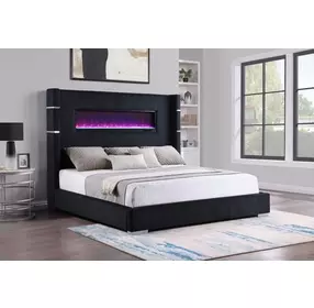 Tisdall Black Queen Upholstered Fireplace Panel Bed
