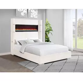 Tisdall Cream California King Upholstered Panel Bed with Flame Visualizer