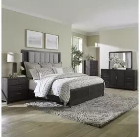 Modern Edge Caffe and Textured Gray California King Upholstered Panel Bed
