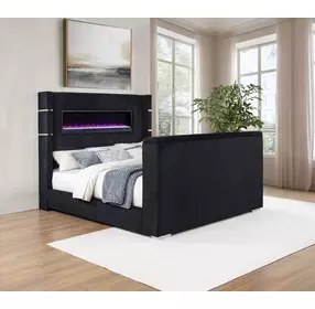 Tisdall Black California King Upholstered Panel Bed with USB Charging and Hidden TV Mount