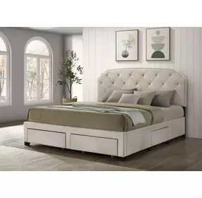 Marianna Cream King Upholstered Platform Bed with Storage and Nailhead Trim