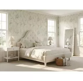 Haven Warm White and Ivory King Upholstered Panel Bed