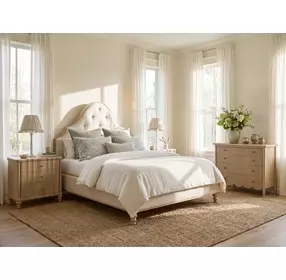 Haven Sundrenched Oak and Ivory King Upholstered Panel Bed