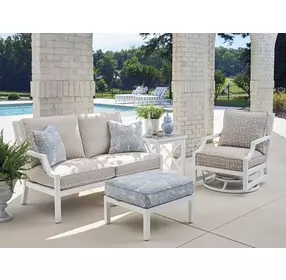 Island Classic Cream and Blue Upholstered Outdoor Rectangular Ottoman