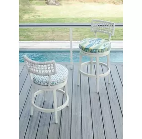 Seabrook Blue and White Upholstered Swivel Outdoor Bar Stool