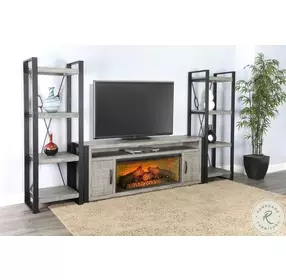Industrial Hearth Gray 126" Media Wall with Log Fireplace Insert