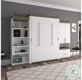 Orion White And Walnut Grey 124" Queen Murphy Bed With Multifunctional Storage