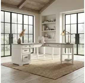 Emerson Park Wirebrushed White and Charcoal 3 Piece L- Desk Set with USB Charging