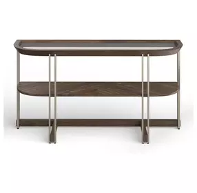 Kingsmere Walnut and Tarnished Silver Demilune Glass Top Sofa Table