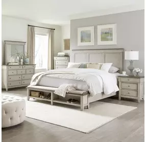 Ivy Hollow Weathered Linen and Dusty Taupe California King Storage Panel Bed with Nailhead Trim