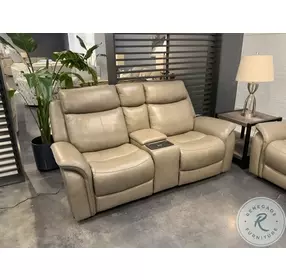 Grant Liverpool Sand Leather Power Headrest Reclining Console Loveseat