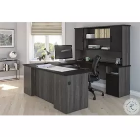 Norma Black And Bark Gray 71" U Shaped Executive Desk With Hutch