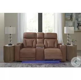 Point Clear Caramel Power Reclining Console Loveseat with Adjustable Headrest